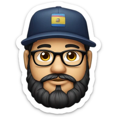 chubby venezuelan programmer with beard, glasses, yankess hat, airpods with tattoos sticker