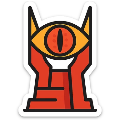 the Eye of Sauron, simplified as a bold, graphic icon with sharp lines and intense colors sticker