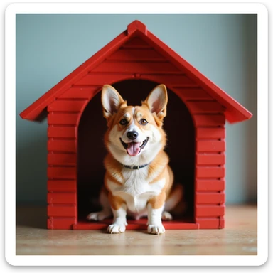realistic red dog house with a Corgi dog inside, Corgi looking out the window, photorealistic style sticker