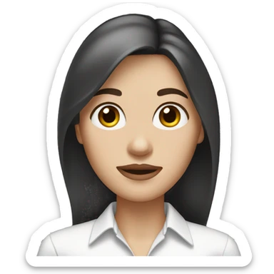 A woman with long brown hair, a white dress shirt and black pants, a thin face, thin mouth, big eyes and white skin. sticker
