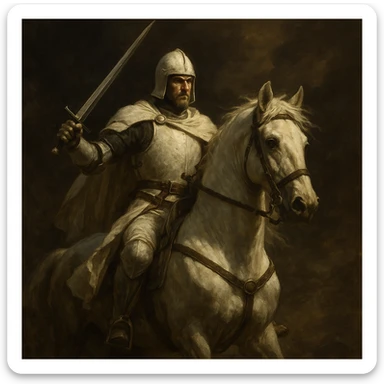 white warrior and horse, ready for battle, dramatic lighting sticker