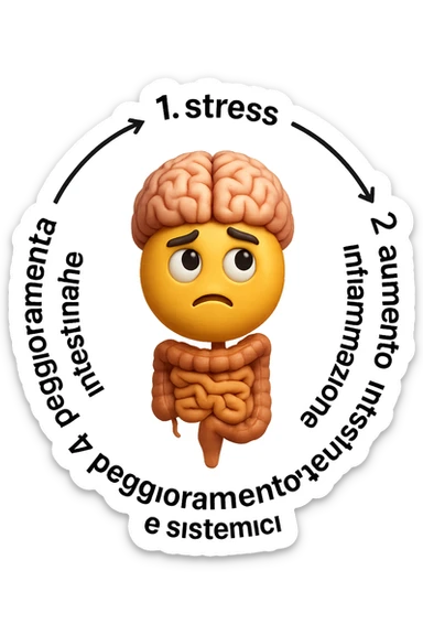 EMOJI STILE IPHONE 3D DI un cerchio con queste scritte che girano intorno in ordine per come li ho scritti "1. stress → 2. peggioramento intestinale → 3. aumento infiammazione → 4. peggioramento sintomi intestinali e sistemici." al centro del cerchio metti un cervello e intestino umani collegati verticalmente con espressione dubbiosa in volto, FALLO MOLTO REALISTICO IN 3D sticker