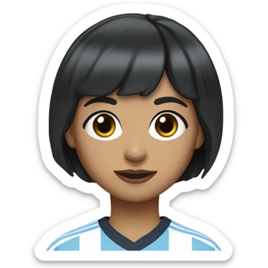 short hair girl, crunchy curtain bangs, with pixie back hair, black hair, dark brown eyes, with short eyelash, tan skin plump lower lip with a darker of shade on the upper lip, wearing a Manchester City jersey 24/25 season sticker