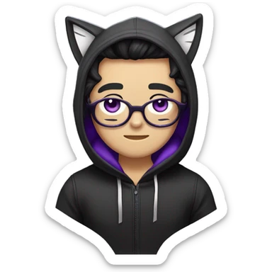 Male human upper body with cat whiskers and black/white hair divided in the middle, dressed in a black hoodie with cat ears and Lilia ear muffs and purple ribbons, eye color also purple. sticker