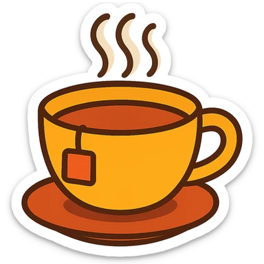 a cup of tea, simple and inviting, steam rising, cozy style sticker