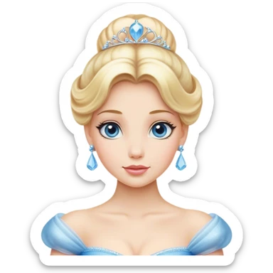 Cinematic Elegant Cinderella Portrait Emoji, rendered in a cinematic, vector-style with minimal shading and bold, simplified shapes. Depict Cinderella in her classic ball gown (chest and above) with fair, porcelain skin and elegantly styled blonde hair, her eyes soft and kind, and her expression serene and graceful. The design glows with a gentle, enchanting radiance and high shine, capturing the timeless beauty of a fairy tale princess. sticker