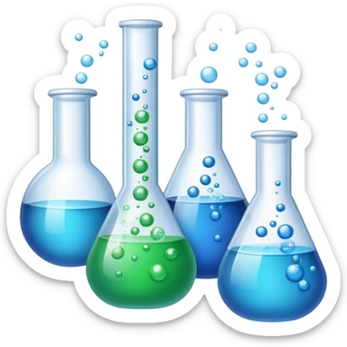 An icon featuring laboratory flasks with tubes, symbolizing chemistry. The design includes liquid and powder substances, a chemical reaction with bubbles, and molecular formulas, representing chemical processes like hydrolysis. Transparent background sticker