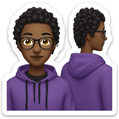 Black digital creator with glasses and black locs and purple sweatshirt sticker