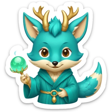 Cute chibi teal fox-dragon emoji with small antler horns, playful face with tongue out, swirl eyebrows, gold forehead mark, teal-gold robe, holding glowing blue orbs, soft pastel vector style. sticker