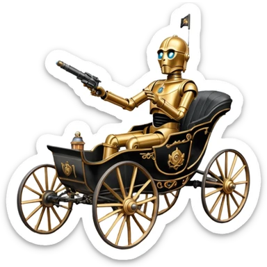 Action in Old American West tarnished C-3PO bounty policeman in 1864 delicately ornate rosegold accents painted buggy powered by electric motors and batteries with safety features and belts flying rapidly across rough dusty terrain  sticker