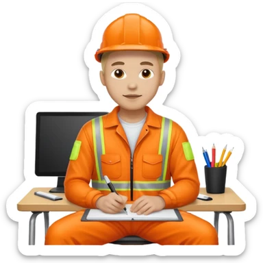 man sitting at a desk wearing orange hi visibility overalls sticker