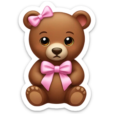 Cute brown bear with baby pink bow in hair sticker