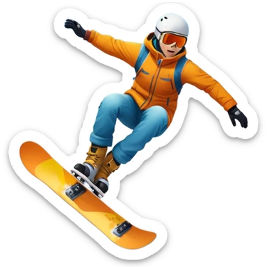 An icon showing a snowboarder performing an exciting jump on a snow-covered slope. The background features towering mountains, snow-covered trees, and a bright, clear sky. Transparent background highlights the speed, agility, and thrill of snowboarding. sticker