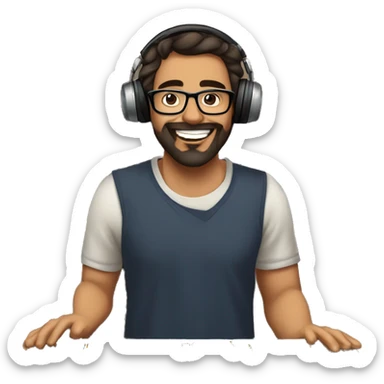A vibrant, cartoon-style illustration of a young man with dark hair, glasses, and a trimmed beard, happily working at a mixing console in a cozy, modern music studio with warm tones and soft natural light. sticker
