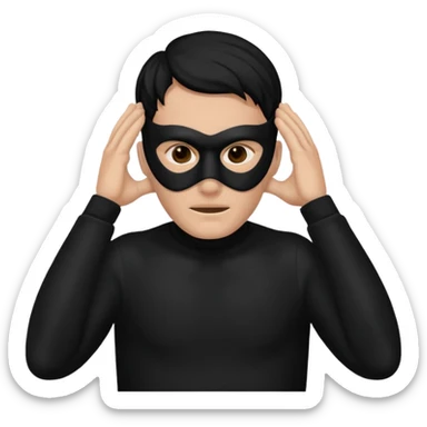 a man in a black mask without eyes and a mouth covers his ears sticker