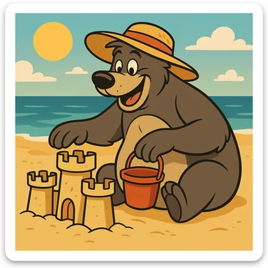 Add a sunhat to Baloo the bear while he builds a sandcastle on the beach, preserving the playful flat toon cartoon style with bright colors and fun atmosphere. sticker
