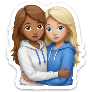 two Girls, Brown and Blonde hair, with Blue Eyes hugging one has Brown hair cute Hug another Version  Both Blue eyes and white hoddies Brown haired blonde on sticker