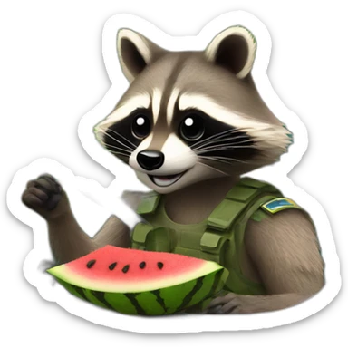 A military raccoon with a watermelon at the wheel of a car sticker