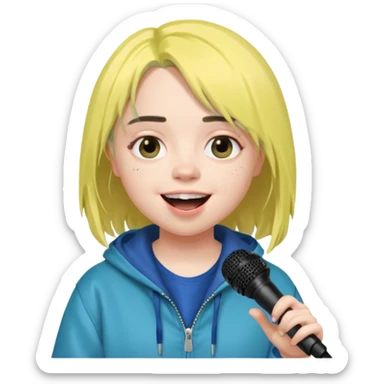 billie eilish is singing, holding mirco and smile sticker