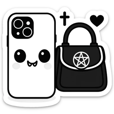 Change the color scheme to white and black, gothic kawaii phone case, big eyes, smiling, playful, cartoonish, gothic symbols, pastel toon style, no background. sticker