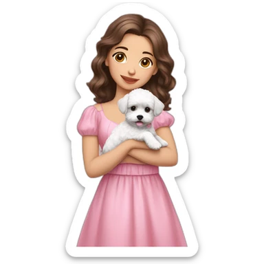 girl brunette hold on the hand small white puppy maltipoo which dressed in pink dress sticker