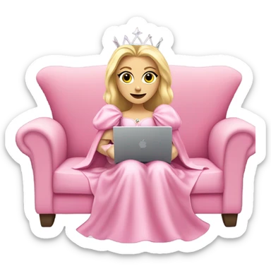 White and blonde Glinda from wicked. in her pink dress with scepter has fever coverd by a blanket on the couch with laptop on her legs sticker