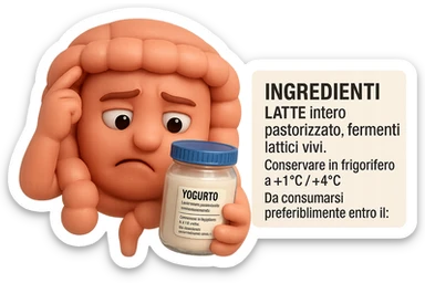 SU QUESTO STILE FAI UN EMOJI STILE IPHONE 3D DI UN INTESTINO CHE HA IN MANO UN BARATTOLO DI YOGURT CONFEZIONATO DA SUPERMERCATO E LEGGE L'ETICHETTA NUTRIZIONALE CON GLI INGREDIENTI IN ITALIANO, ACCANTO ALLO YOGURT CHE HA IN MANO C'è UN FOCUS SULL'ETICHETTA CON GLI INGREDIENTI SCRITTI, FAGLI UN ESPRESSIONE CONFUSA MENTRE LEGGE E FALLO MOLTO REALISTICO IN 3D sticker