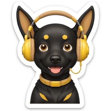 black happy dog wearing yellow headphones sticker