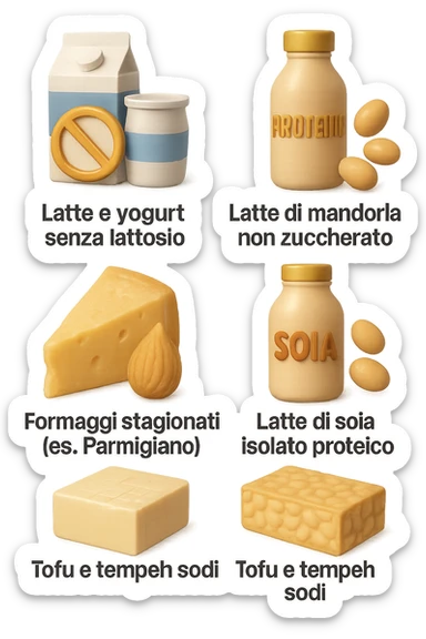 emoji stile iphone 3d di questi elementi che fluttuano in aria:

Latte e yogurt delattosati
Latte di mandorla (non zuccherato)
Latte di soia da proteine isolate
Formaggi stagionati (es. parmigiano)
Tofu compatto e tempeh
 che fluttuano in aria,  le etichette scrivile in italiano, iperealistico 4k sticker