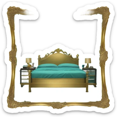 eighties bed with teal sheets and gold brass frame sticker