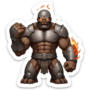 Cinematic Fierce Mighty Iron Golem Portrait Emoji Depicted mid-action in a dynamic, battle-ready stance, massive fists clenched, the ancient metallic plates along its form shifting with raw power. Its eyes blaze like molten fire within a carved, rune-etched face, exuding both divine purpose and mechanical precision. Weathered steel and dark bronze tones are accented by glowing, arcane inscriptions, each detail meticulously crafted with lifelike metallic reflections. High shine, imposing yet regal, styled with an air of indestructible might, soft glowing outline, capturing the essence of an unstoppable colossus that looks ready to charge forth with a thunderous step! sticker
