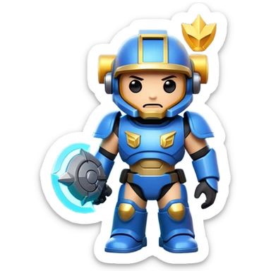 Clash of Clans aesthetic: Cinematic Playful Terran Marine Hero Emoji, rendered in a 3D vector-style similar to standard emojis with minimal shading and bold, simplified shapes. A compact, heroic isometric figure clad in futuristic power armor with signature energy accents, softly glowing with a cosmic battle charm. Simplified yet unmistakably iconic, highly detailed and consistent, glowing with a soft radiant shine and high gloss. Stylized with a touch of interstellar valor and a soft glowing outline, capturing the essence of an elite space warrior with a friendly, playful manner! sticker