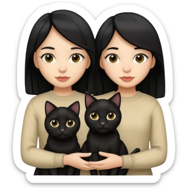 2 light skin tone girls with black straight hair holding 3 black cats sticker