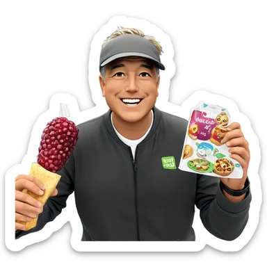 smiling boy outdoors with food sticker