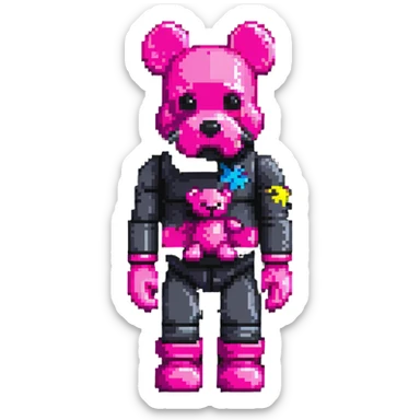 Pixel art KAWS Bearbrick figure with X eyes wearing a hot pink balaclava, blocky bear shape sticker
