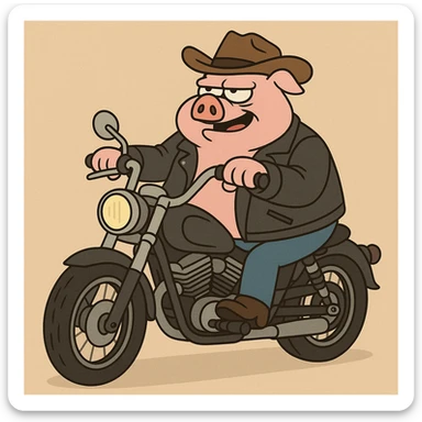 boss hog piggy, riding a motorcycle, leather jacket, cartoon style sticker