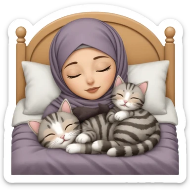 Hijabi sleeping in bed with grey tabby mum cat and kitten sticker