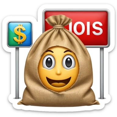 a sack of money in front of a billboard advertisement sticker