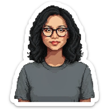 female teacher with semi-wavy black hair, light skin tone, wearing glasses sticker