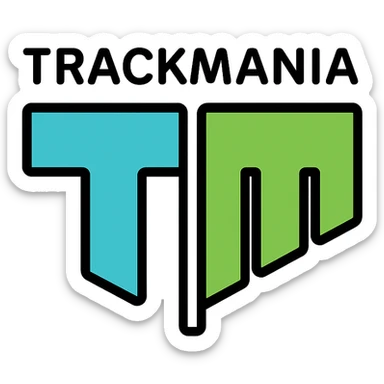 'Trackmania' word in bold modern font above a stylized 'T' and 'M' split vertically down the middle, icon-color-outlined style logo sticker