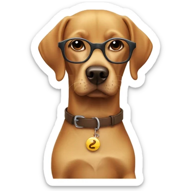 a big Labrador in glasses holding a small dachshund dog sticker