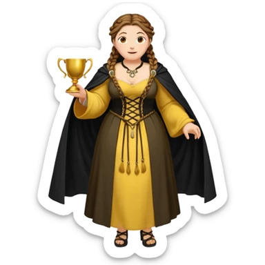 Helga Hufflepuff,brown-haired,2 braids,yellow-black medieval open dress,deep neckline,fat macromastia,black cloak decorated with gold braiding,gold cup with two handles,very kind smile,curvy busty sweet woman,round rosy cheeks,full length with medieval shoes sticker