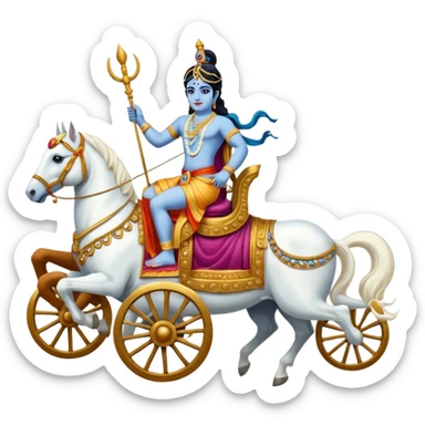 Lord Krishna driving a chariot ,seven white horses in front of the Chariot and Arjun riding the Chariot. sticker