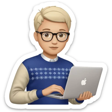 male memoji, attractive man with glasses, stylish haircut, elegant sweater, holding a laptop, charming intelligent look sticker