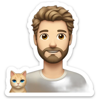 white man with dark beard hair blue eyes with a big fluffy beige cat sticker