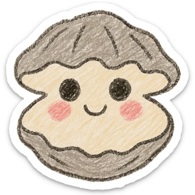 cute oyster, cream color, pink cheeks, doe eyes, greige shell, children doodle style sticker