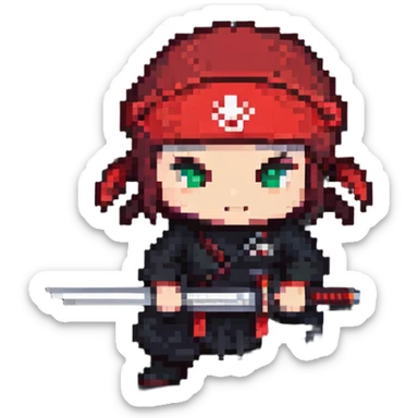 pixel art ninja with red headband, crouching, holding a sword sticker