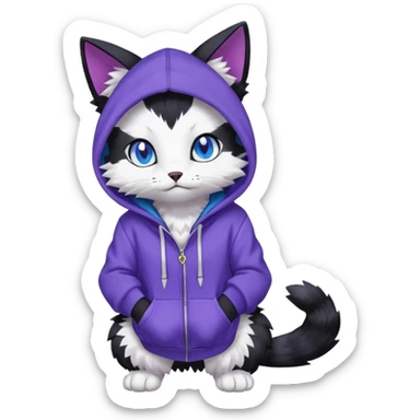 Black cat-garurumon-purloin-feline-Fakemon-Digimon-creature wearing a violet hoodie fursona (full body)  sticker