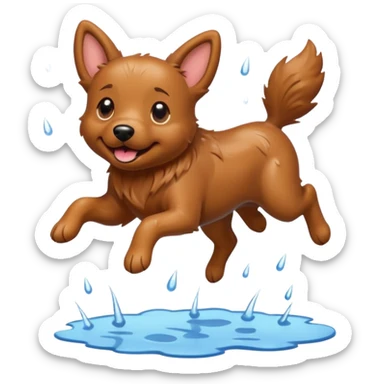 a happy dog jumping over a puddle in the rain sticker