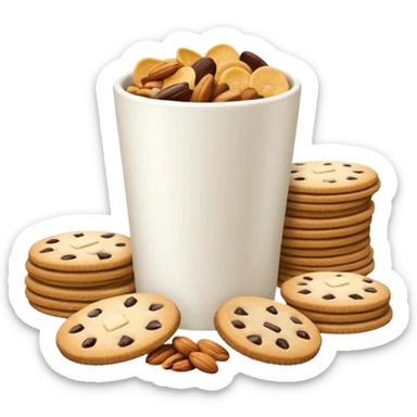 3D minimal icon with a variety of snacks (chips, cookies, crackers, nuts) arranged abundantly, plus a small neutral cup (not a soda cup). Include a subtle accent in #FF3D00. Clean and modern style. sticker